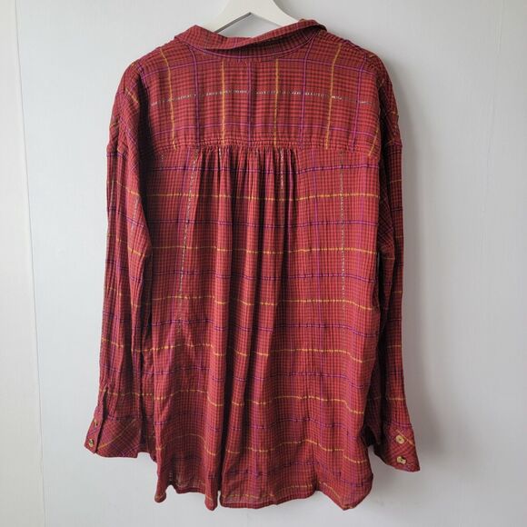 Free People Break My Stride Metallic Plaid Button-up Tunic Sherry Combo size M - Picture 2 of 8
